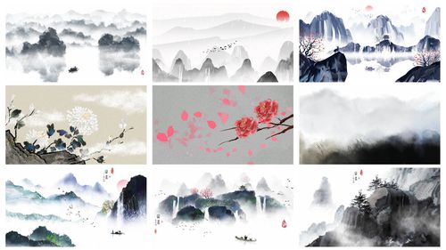 中国风水墨山水风景湖景古典意境装饰画psd背景模板