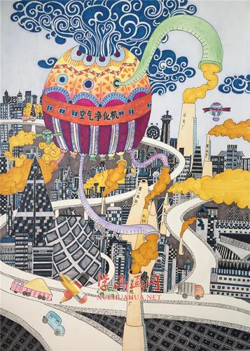 环保获奖科幻画赏析《钢城空气卫士——空气净化机》