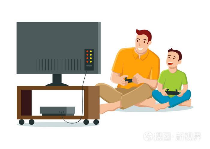 纯平矢量卡通父子玩电子游戏