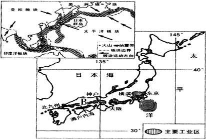 读"日本的太平洋沿岸工业带"及"日本附近地区的火山,地震带"图,完成
