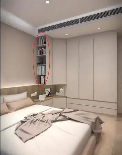 4,在衣柜靠近床头的部分可以做成悬空书架用以替代床头柜,一方面少了