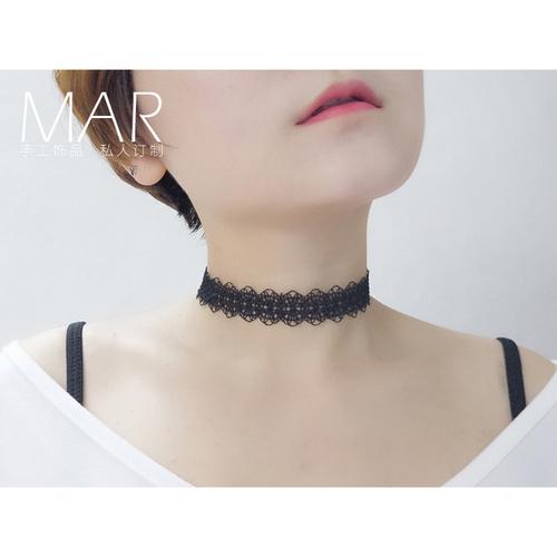 mar 手工订制日韩复古原宿黑色蕾丝纹身项链女脖带颈圈个性锁骨链