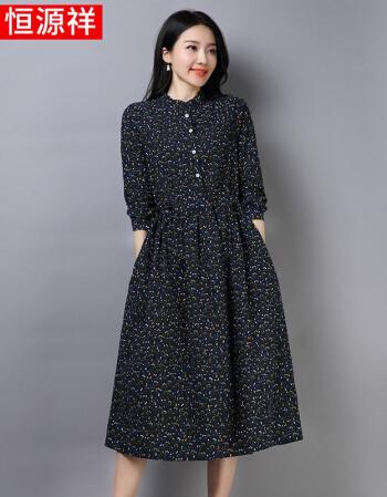 棉麻连衣裙宽松显瘦流行法式碎花衬衫女装2021年秋冬新款秋装藏青色xl