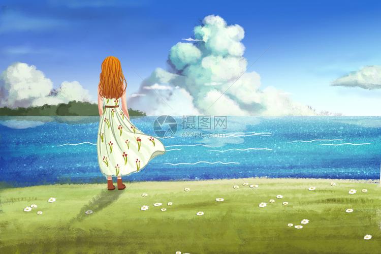 初夏美女背影唯美插画
