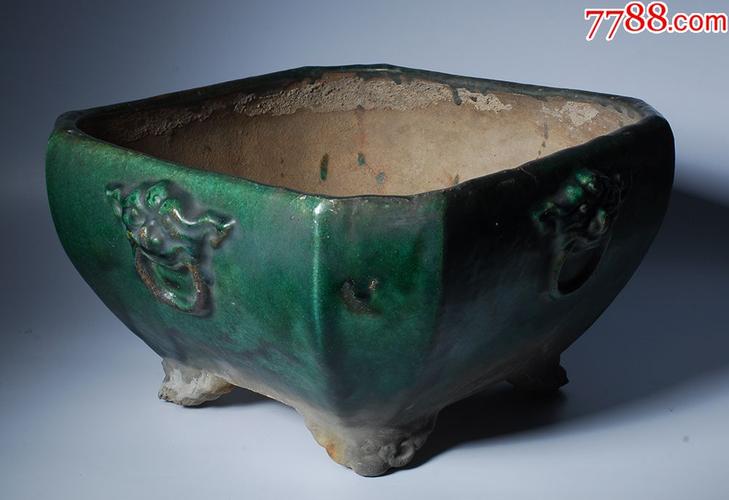 石湾窑四面铺首绿釉窑变花盆no.337730