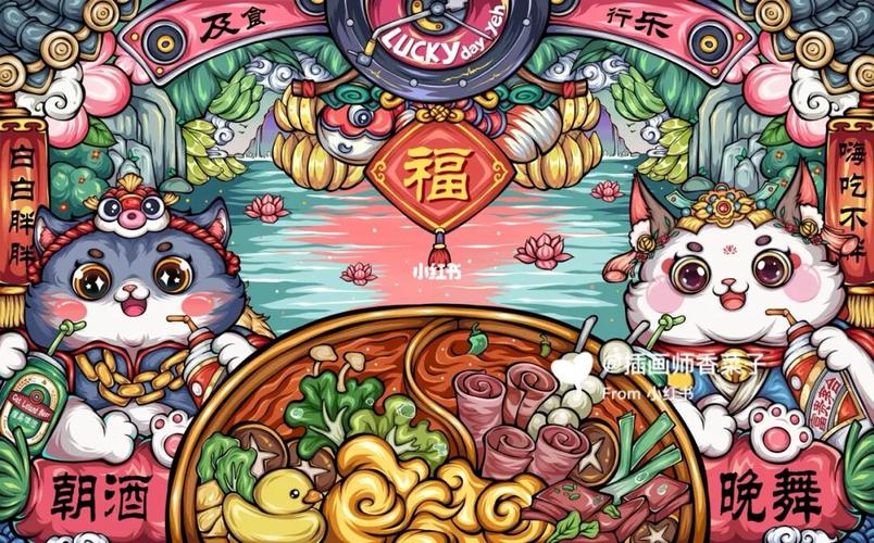 手绘国潮场景嗨吃火可爱猫猫插画_插画_国潮_猫咪_手绘_中国风_火锅