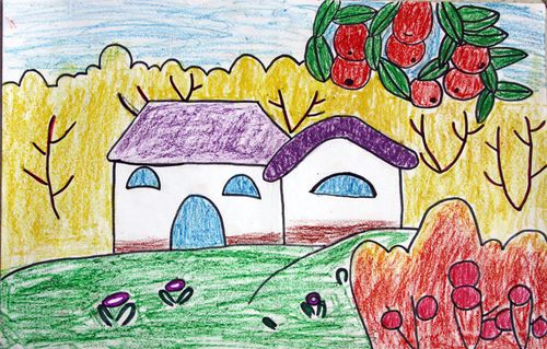 秋天儿童蜡笔画:我家的果园