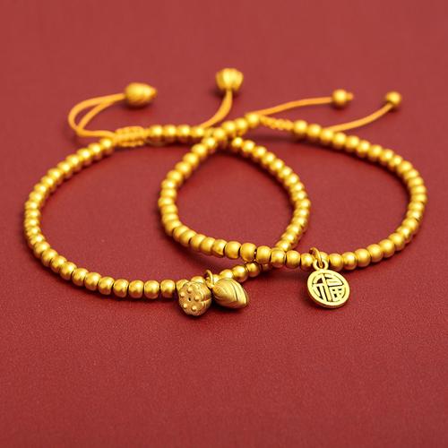 999足金福字圆牌古法黄金手镯女24bk纯金小金珠手链莲花转运珠手