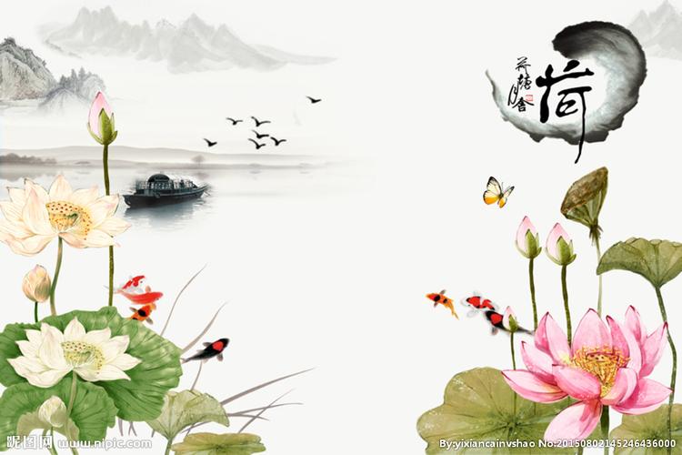 荷塘月舍荷花山水画壁画背景墙图片