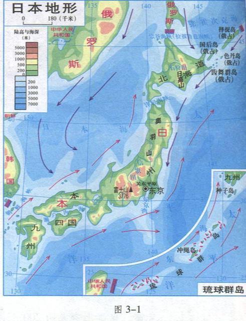 这是ke本中的日本地形图!   图中右下方是琉球群岛!