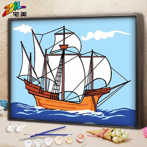 帆船数字油画儿童diy益智涂色画丙烯画一帆风顺小学生手绘油彩画