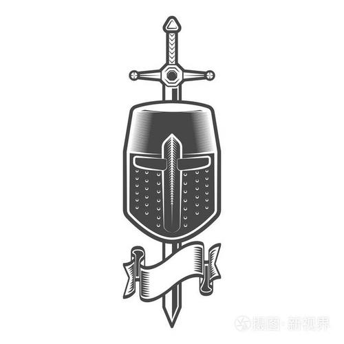 的剑和头盔的中世纪十字军骑士与丝带在单色风格查出的向量例证