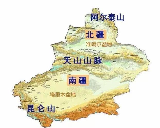 地图新疆的地形比较特殊, 属于"三山夹两盆"地形,最北部为阿尔泰山