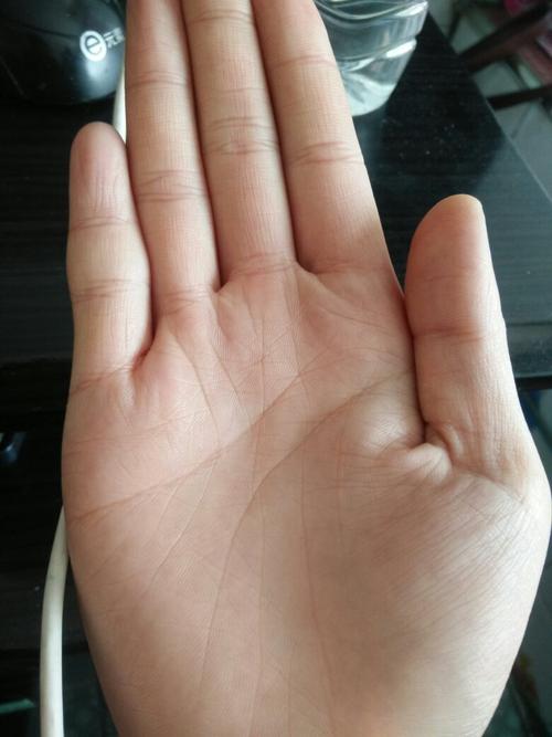 女,右手手掌两条事业线,有一条分叉到无名指下,另一条事业线和生命线