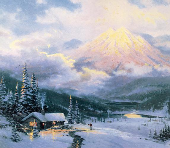 托马斯风景油画 山中雪景油画 雪中山谷装饰画