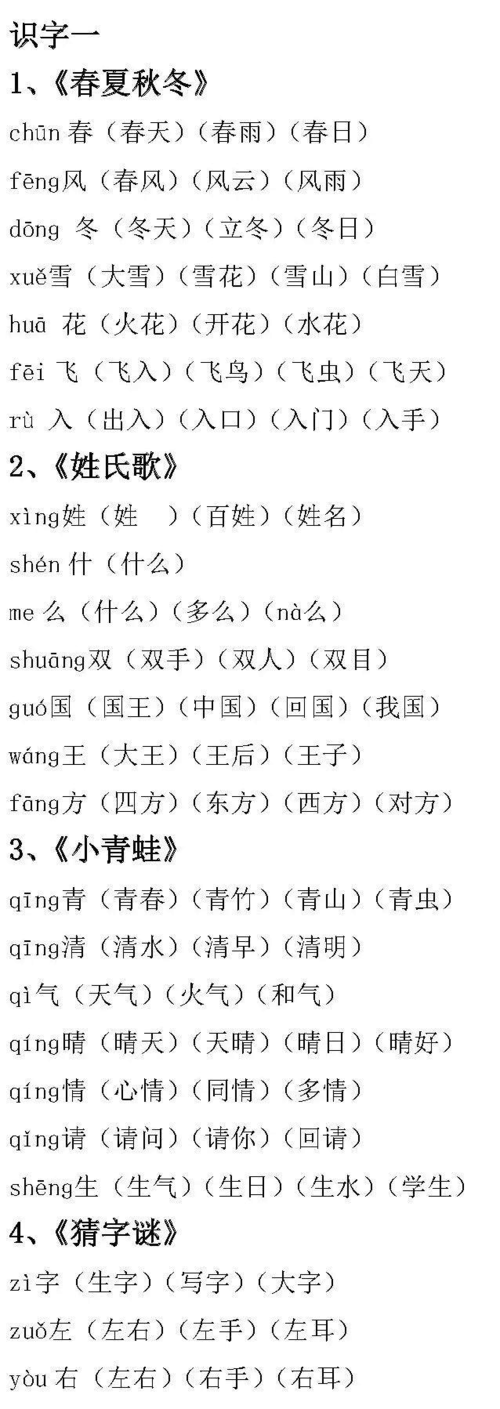 2018部编版一年级语文下册生字组词练习答案