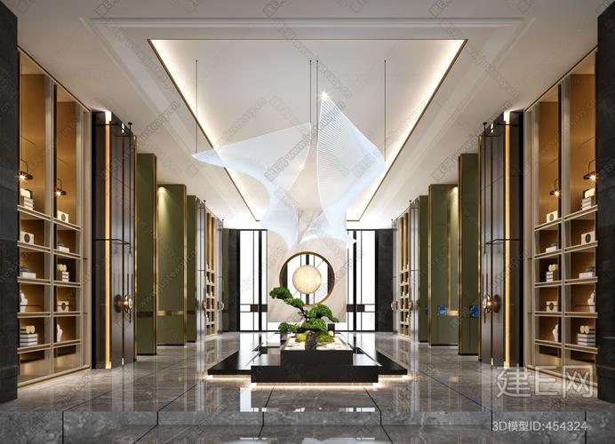 新中式酒店大堂过道水景