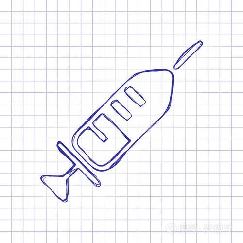 简单的注射器图标手绘在纸上的图片蓝墨水勾勒素描风格在格子背景上