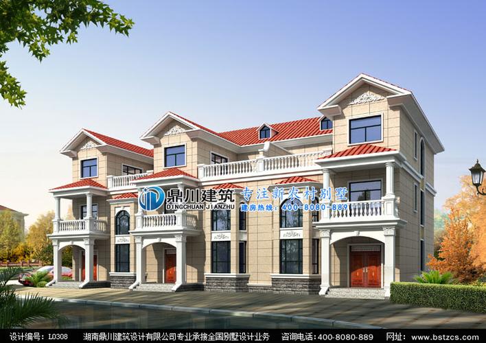 l0308三层带露台三户联排别墅设计图外观效果图鼎川建筑三层联排别墅