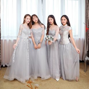 伴娘服2017新款银灰新娘长款姐妹裙显瘦伴娘团连衣裙宴会晚礼服女