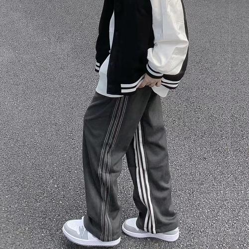 宽松直筒显瘦三条杠潮休闲裤h2154huffnpuff麂皮两色跑道线条长裤