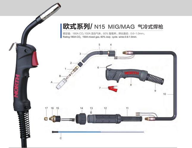 山东济南诺斯二氧化碳焊枪欧式系列n15 15ak 4米推丝焊炬 qtb-160