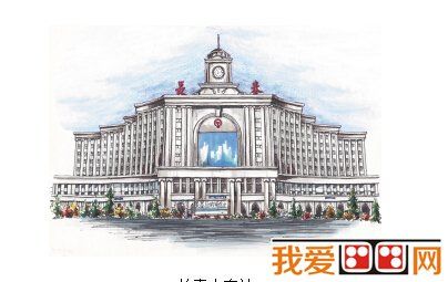 长春火车站建筑手绘图片