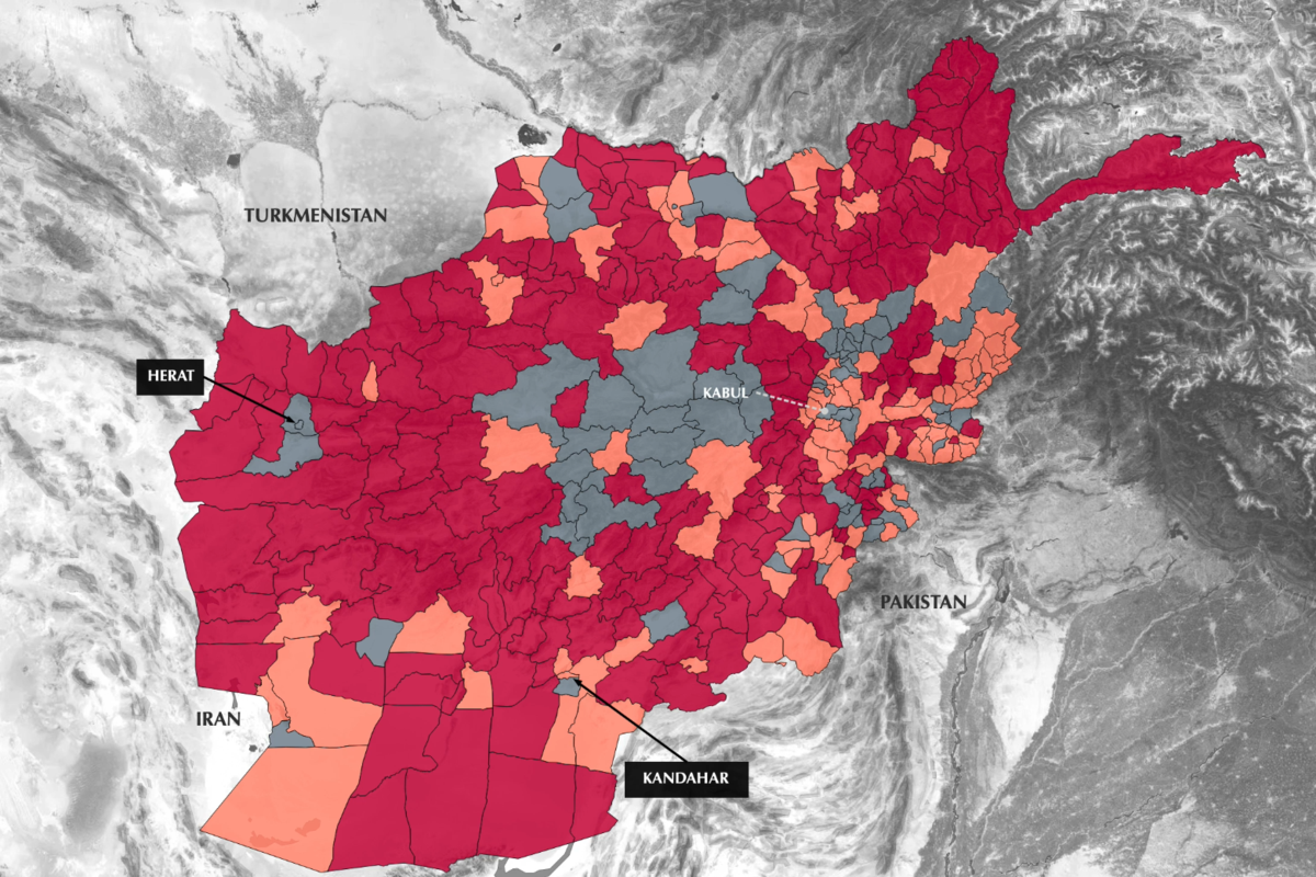 戒指7月初,阿富汗地图上标记为红色区域即为塔利班控制地区