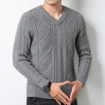 手工编织毛衣成品男士鸡心领秋冬新款商务休闲打底v领粗线针织男装 浅