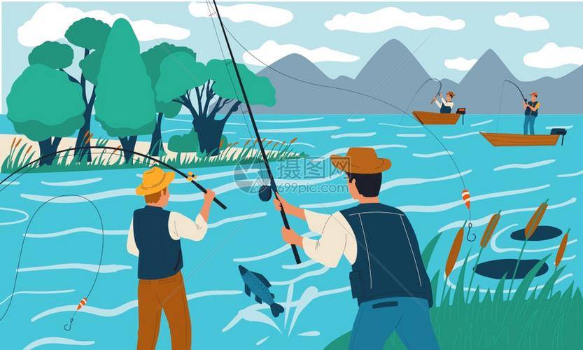 钓鱼用棍子从岸边或船上捕鱼在湖边与快乐的渔民一起卡通场景室外娱乐