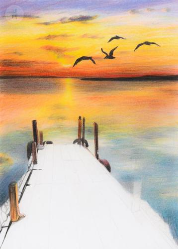 彩铅 风景日落画合集