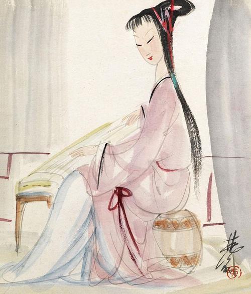 林风眠 抚琴侍女 镜心 纸本作品欣赏