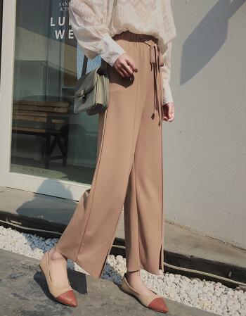 2018新款高腰阔腿裤女宽松韩版九分开叉休闲杏色春夏裤 开叉阔腿卡其