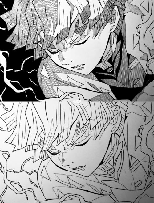 手绘合集|鬼灭之刃 我妻善逸|附线稿_鬼灭之刃_手绘_线稿_针管笔_马克