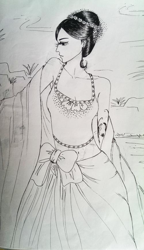 方手绘的古代美女
