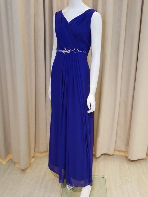 蓝色,雪纺纱,v领,亮钻,长礼服,披肩