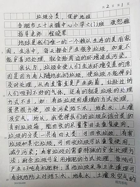 合肥市三十头镇中心小学开展垃圾分类征文活动