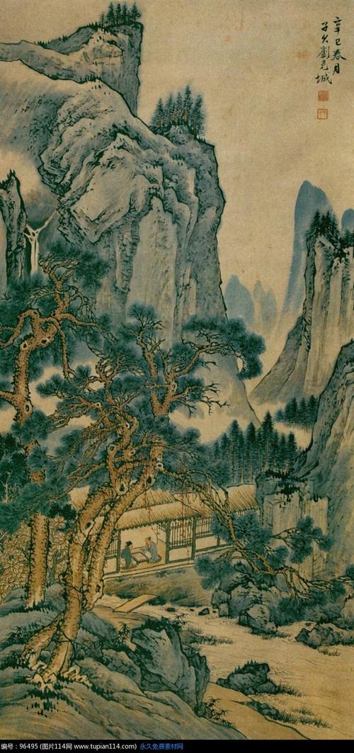写意彩墨山水名画-山中下棋的人