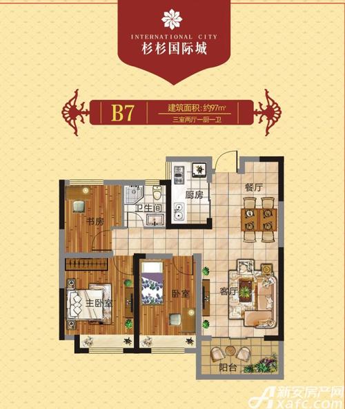 杉杉国际城b7户型图3室2厅97平米