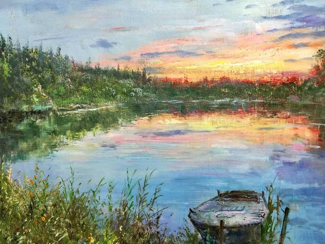 现代油画家原创风景油画【湖面黄昏】