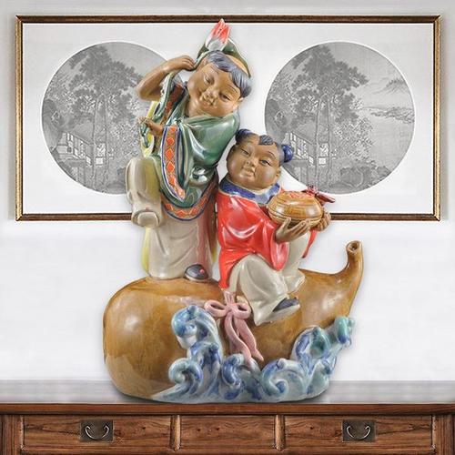 购客石湾陶瓷公仔工艺品家居门客厅电视酒柜饰品结婚礼物和合二仙摆件