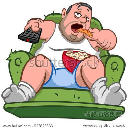 couch potato slob overweight man sitting on the sofa eating