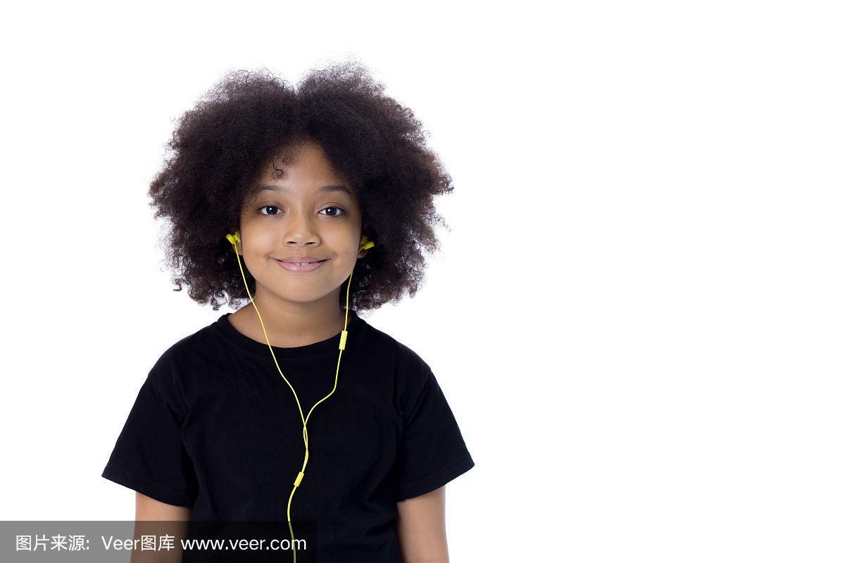 爆炸头,耳机,白色,儿童,非洲人