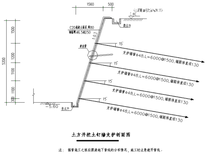 土方开挖土钉墙支护剖面图
