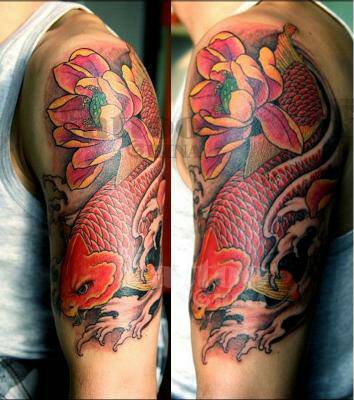 给我几张鲤鱼纹身图,要在手臂上的,鱼头像下,有莲花.
