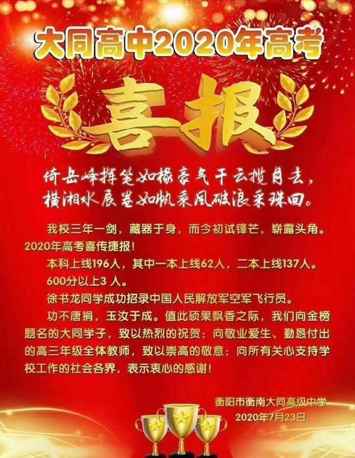 2020衡南大同高级中学高考喜报成绩一本二本上线人数情况