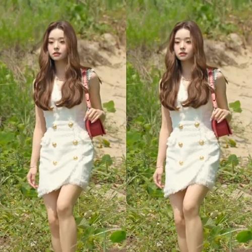 宋智雅单身即地狱同款气质名媛风无袖短款连衣裙v领双排扣毛边裙