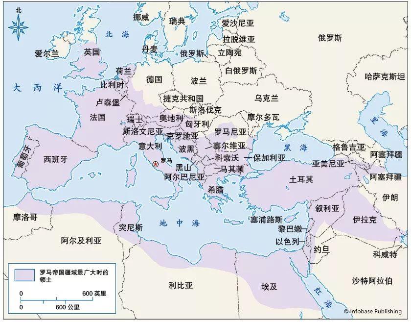 罗马帝国领土扩张至最大时期的版图 来源:《古代罗马帝国》,商务印