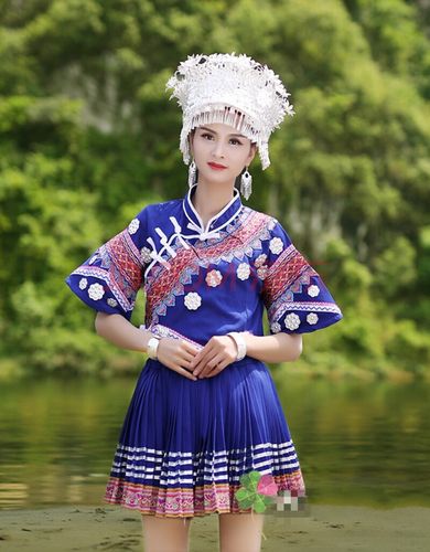贵州少数民族布依族服装女手工量身订做刺绣花边民族风高腰套装 蓝色