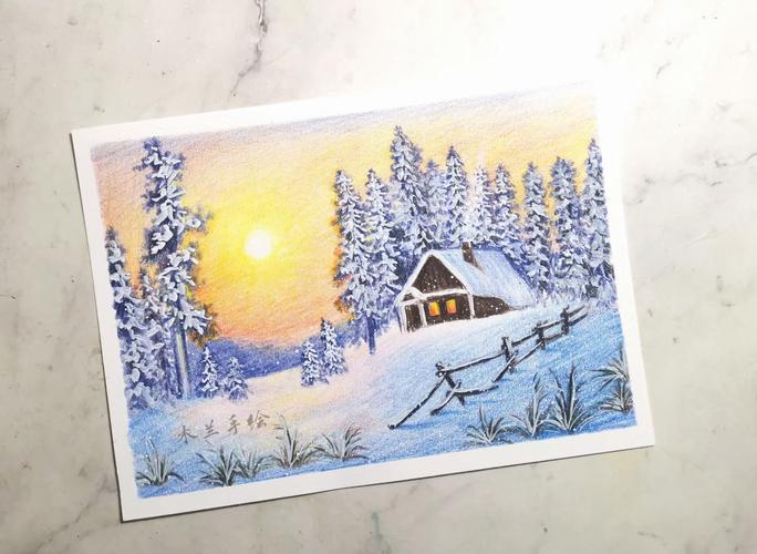 彩铅唯美彩铅风景绘雪景小屋